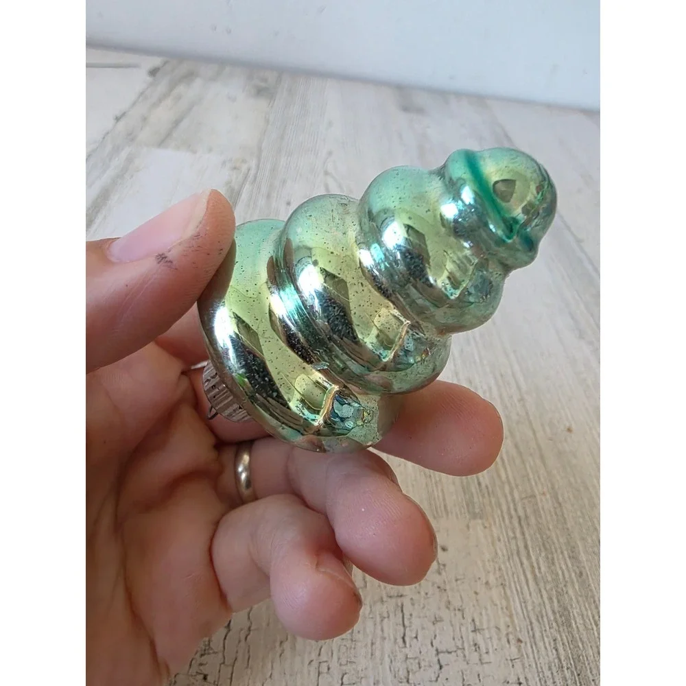 Mini shiny Brite tornado green mercury glass ornament Xmas tree